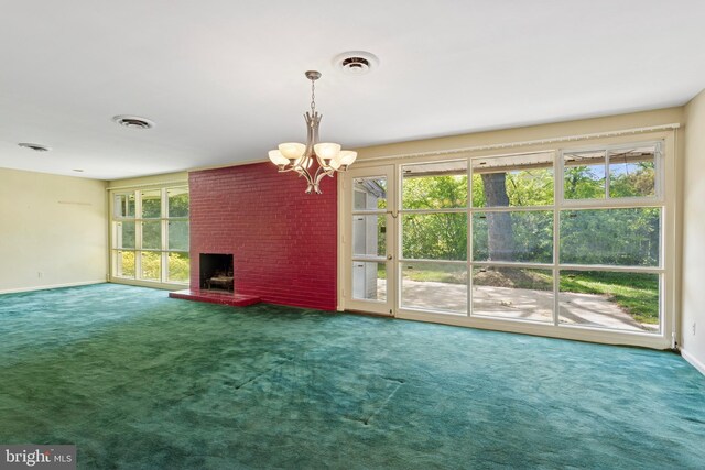 unfurnished dining area featuring carpet floors, visible vents, baseboards, and a chandelier