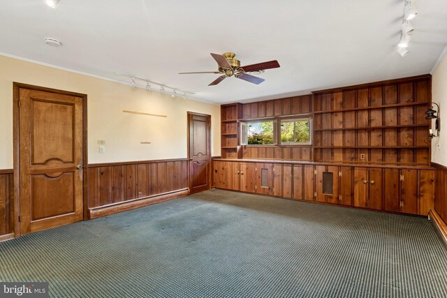 carpeted spare room featuring wood walls, wainscoting, ceiling fan, a baseboard radiator, and rail lighting