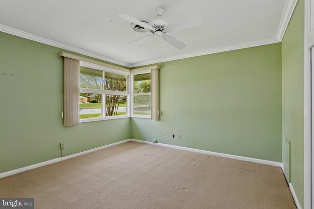 spare room featuring baseboards, ornamental molding, carpet, and a ceiling fan