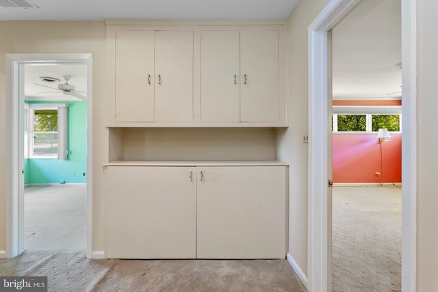 room details featuring baseboards, carpet flooring, and ceiling fan