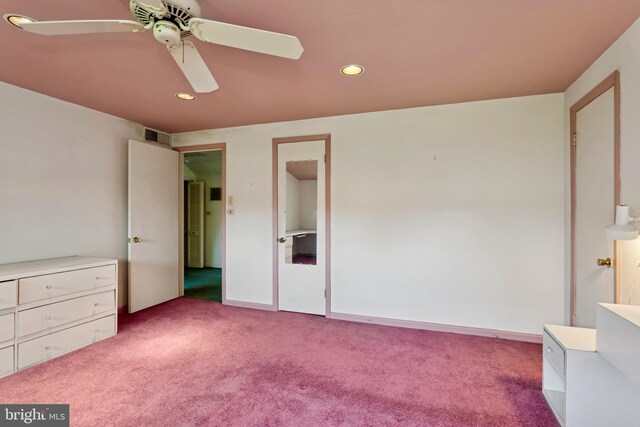 unfurnished bedroom with carpet floors, recessed lighting, a ceiling fan, baseboards, and visible vents