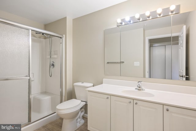bathroom featuring vanity, a shower stall, and toilet