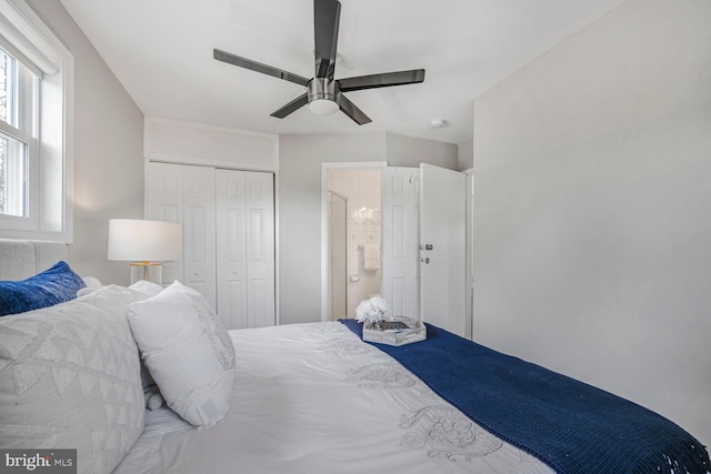 12011 Ashley Dr, Rockville, MD 20852 - bedroom featuring a ceiling fan, a closet, and ensuite bath