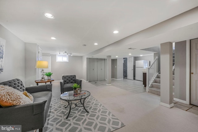 12011 Ashley Dr, Rockville, MD 20852 - living room featuring recessed lighting, stairs, baseboards, and light carpet