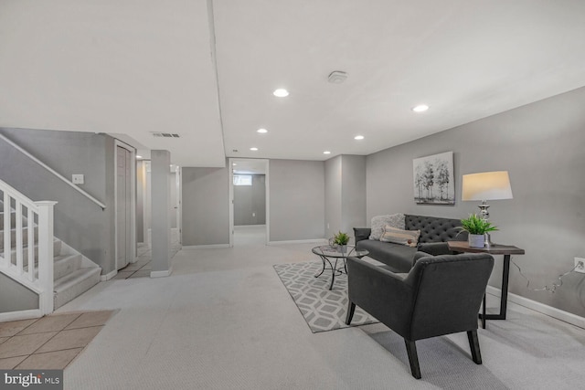 12011 Ashley Dr, Rockville, MD 20852 - living room featuring recessed lighting, baseboards, visible vents, and light carpet