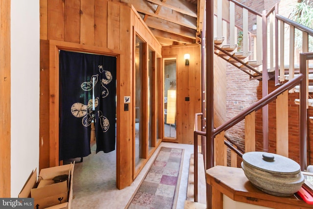 interior space featuring wooden walls