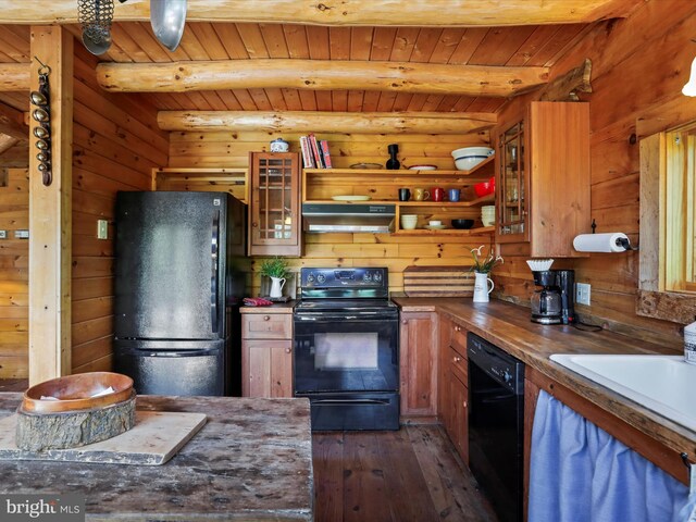 kitchen featuring open shelves, extractor fan, dark wood finished floors, wooden ceiling, and black appliances