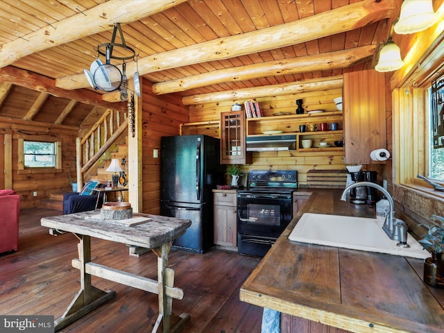 kitchen featuring dark wood finished floors, a sink, wooden ceiling, black appliances, and under cabinet range hood
