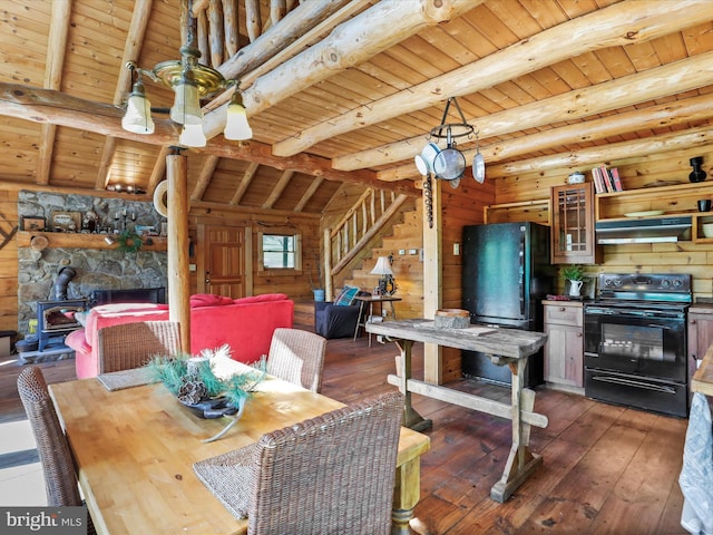 dining area with wood ceiling, dark wood-style flooring, stairs, and beam ceiling