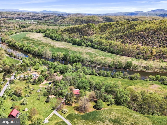 birds eye view of property featuring a water and mountain view