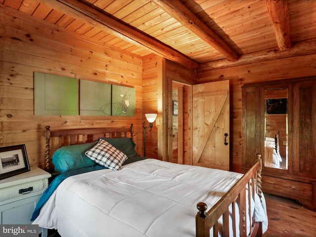bedroom with wood ceiling, wood finished floors, wooden walls, and beam ceiling