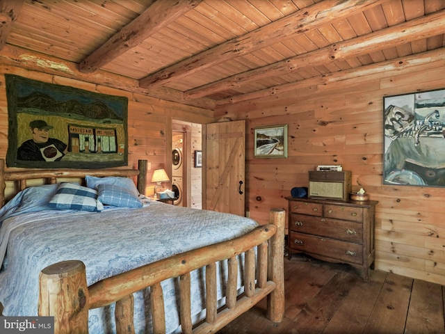 bedroom with wood-type flooring, beam ceiling, wood walls, and wood ceiling