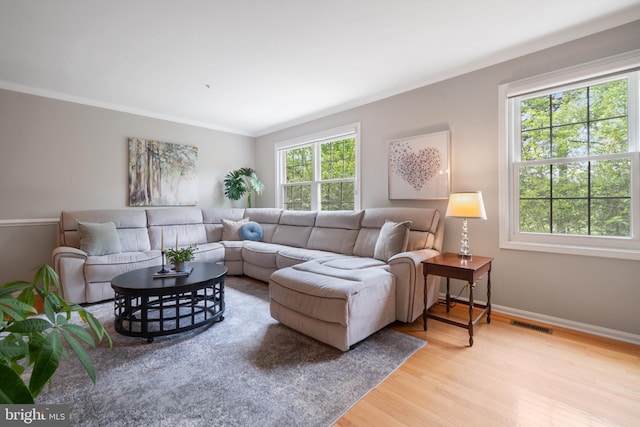 living room with visible vents, ornamental molding, baseboards, and wood finished floors