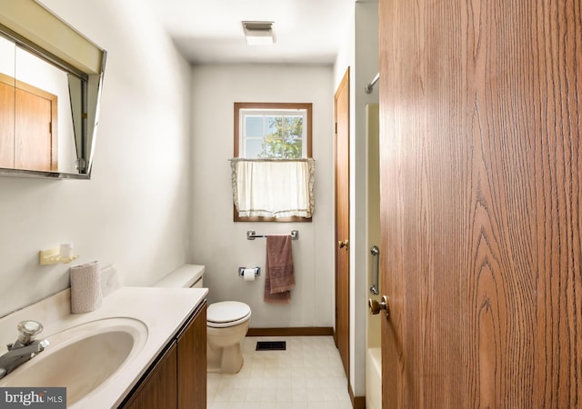 full bathroom featuring vanity, toilet, tile patterned floors, a shower, and visible vents