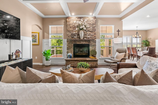 3058 Sunny Ridge Dr, Odenton, MD 21113 - living area with wood finished floors, a fireplace, coffered ceiling, beamed ceiling, and a chandelier