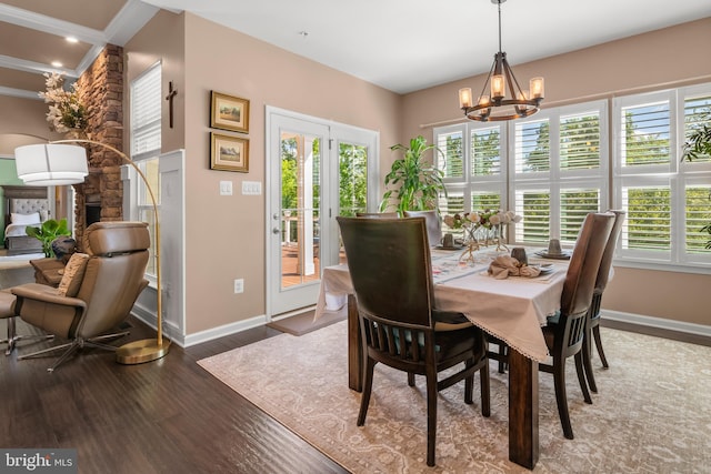 3058 Sunny Ridge Dr, Odenton, MD 21113 - dining area with baseboards, wood finished floors, a chandelier, and crown molding