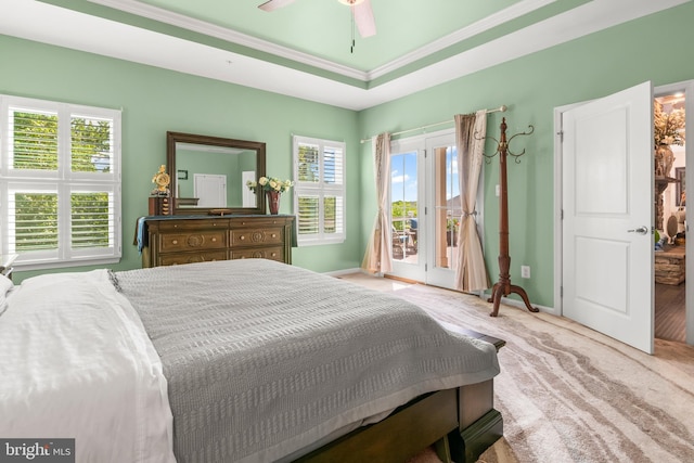 3058 Sunny Ridge Dr, Odenton, MD 21113 - carpeted bedroom featuring access to exterior, baseboards, ceiling fan, and ornamental molding