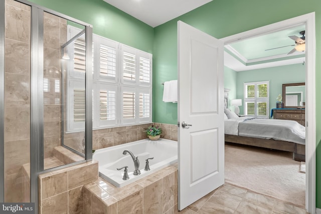 3058 Sunny Ridge Dr, Odenton, MD 21113 - ensuite bathroom with a garden tub, a shower stall, ceiling fan, and tile patterned floors