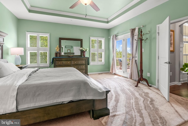 3058 Sunny Ridge Dr, Odenton, MD 21113 - carpeted bedroom with access to outside, a raised ceiling, ornamental molding, baseboards, and multiple windows