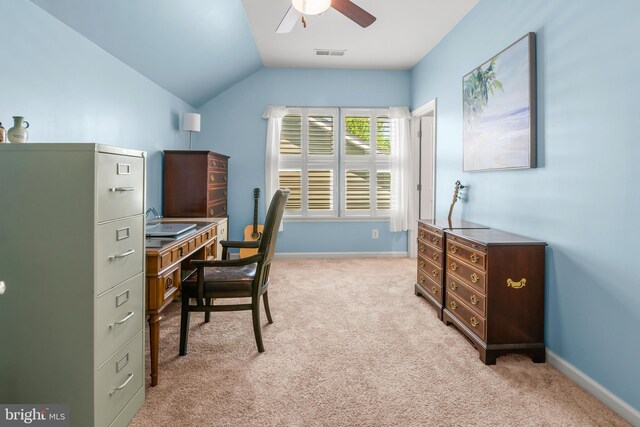 3058 Sunny Ridge Dr, Odenton, MD 21113 - office area with a ceiling fan, carpet floors, vaulted ceiling, and baseboards