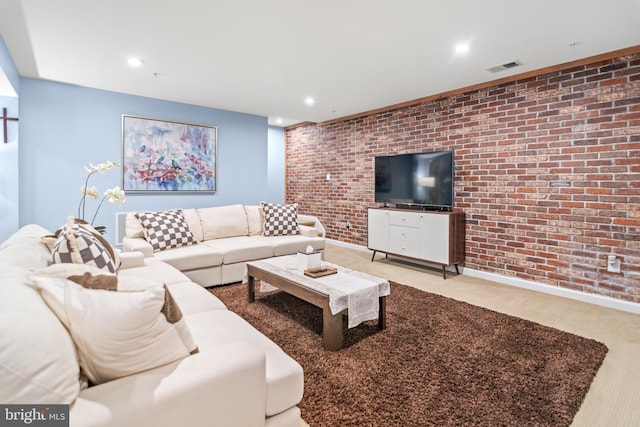 3058 Sunny Ridge Dr, Odenton, MD 21113 - living room with brick wall, carpet flooring, recessed lighting, and baseboards