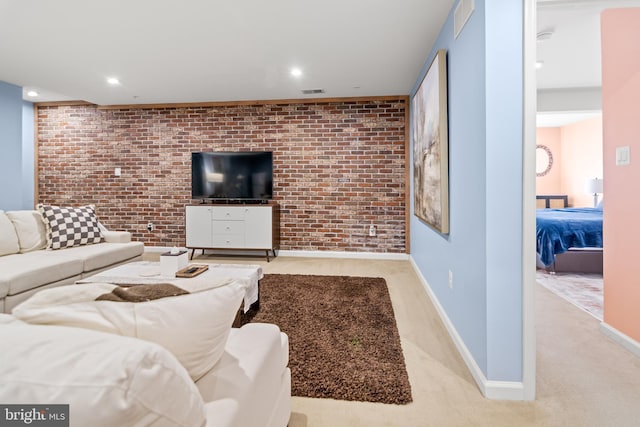 3058 Sunny Ridge Dr, Odenton, MD 21113 - living room with brick wall, recessed lighting, carpet flooring, and baseboards