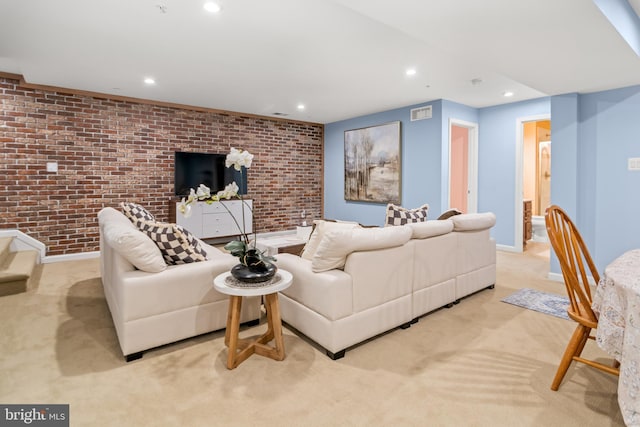 3058 Sunny Ridge Dr, Odenton, MD 21113 - living room with light carpet, recessed lighting, brick wall, and baseboards