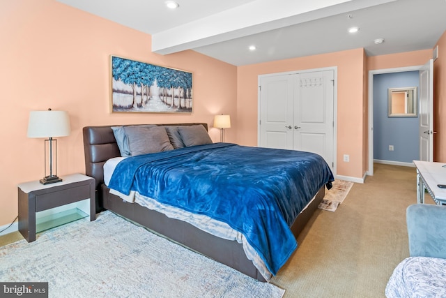 3058 Sunny Ridge Dr, Odenton, MD 21113 - bedroom featuring carpet floors, baseboards, recessed lighting, a closet, and beamed ceiling