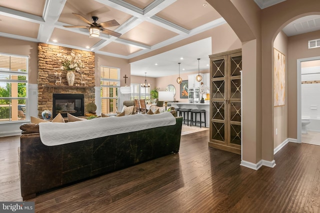3058 Sunny Ridge Dr, Odenton, MD 21113 - living area featuring ceiling fan, a fireplace, dark wood-style flooring, beam ceiling, and coffered ceiling