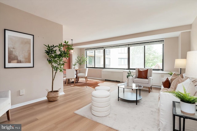 living room with baseboards, plenty of natural light, and light wood finished floors