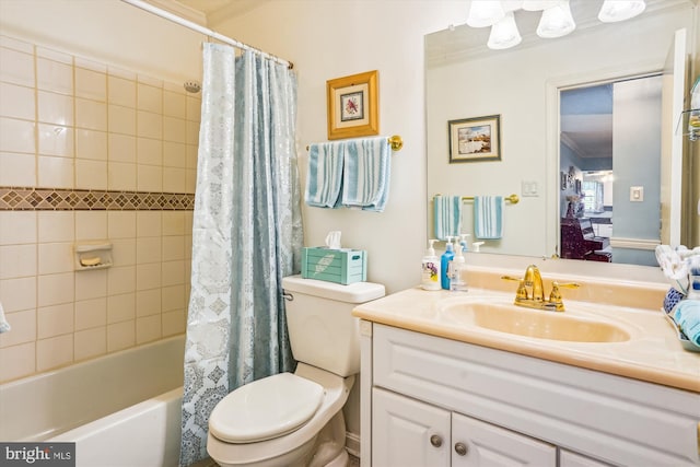 10114 Erin Ct, Manassas, VA 20110 - bathroom with vanity, ornamental molding, toilet, and shower / tub combo with curtain