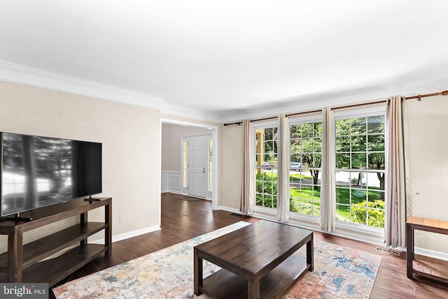 living area featuring ornamental molding, wood finished floors, and baseboards