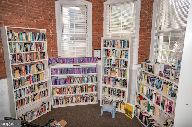 living area featuring bookshelves and brick wall