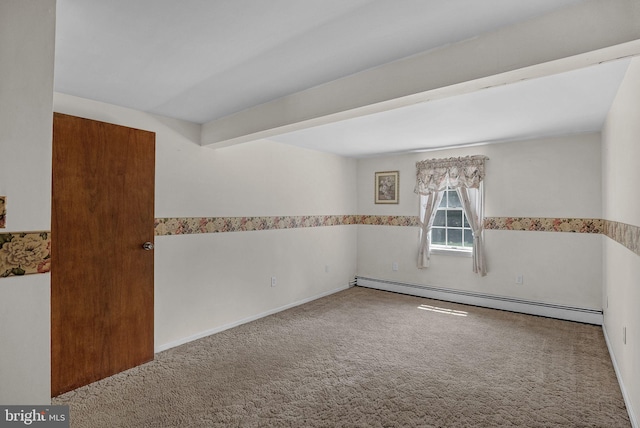 carpeted spare room featuring a baseboard radiator