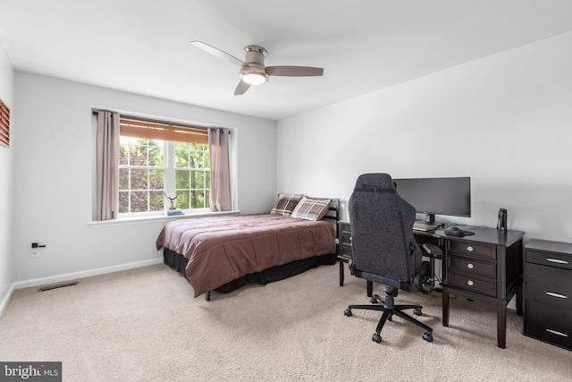 bedroom with visible vents, ceiling fan, baseboards, and carpet floors