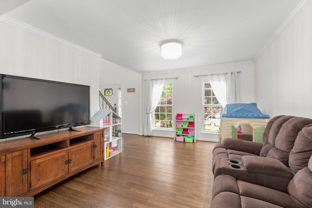 living area featuring wood finished floors and crown molding