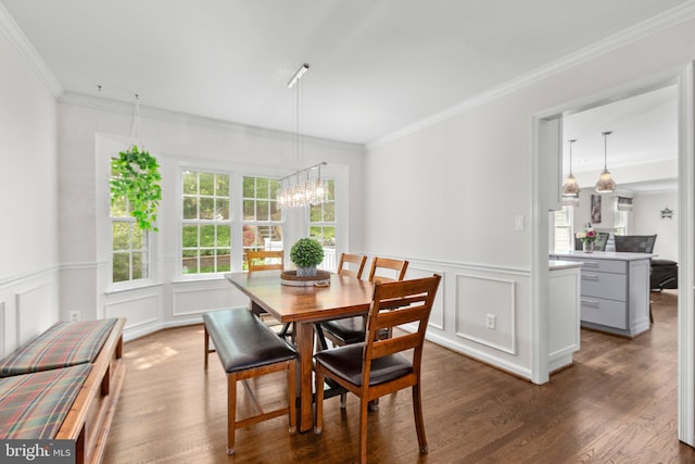 dining area with a decorative wall, a wainscoted wall, ornamental molding, wood finished floors, and a notable chandelier