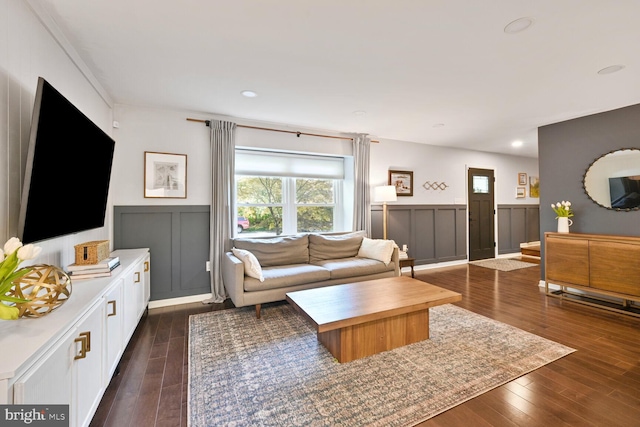 512 Ellsworth Dr, Silver Spring, MD 20910 - living area featuring a wainscoted wall, a decorative wall, dark wood finished floors, and recessed lighting