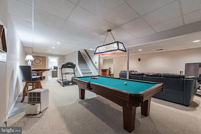 playroom with recessed lighting, billiards, carpet, and a paneled ceiling