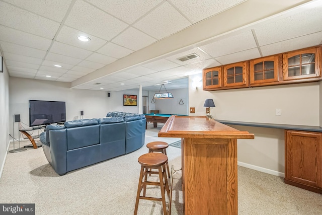 bar with visible vents, recessed lighting, billiards, and a drop ceiling