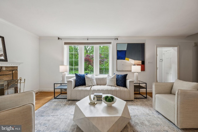 living area with baseboards, ornamental molding, wood finished floors, and a fireplace