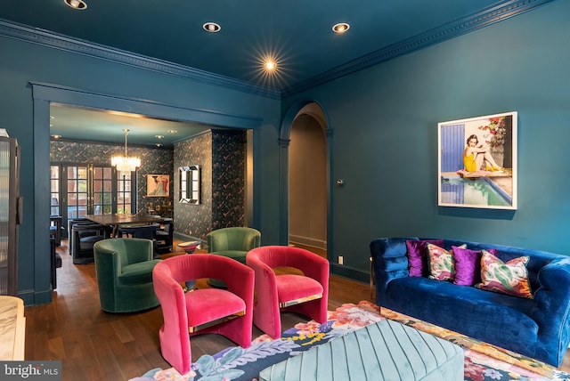 913 Spruce St, Philadelphia, PA 19107 - cinema with wood finished floors, a chandelier, arched walkways, ornamental molding, and baseboards