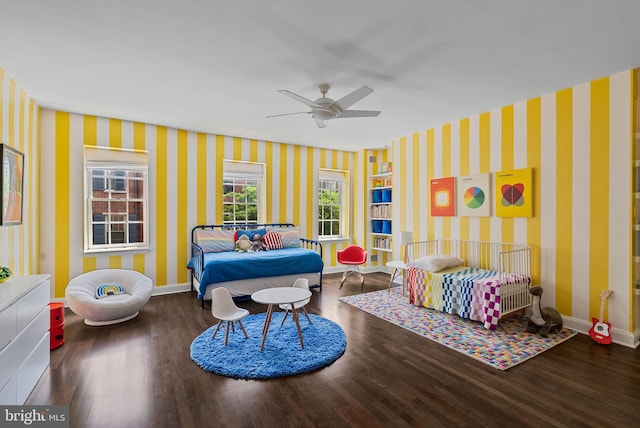 913 Spruce St, Philadelphia, PA 19107 - bedroom featuring wallpapered walls, wood finished floors, baseboards, and ceiling fan