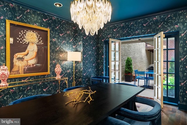 913 Spruce St, Philadelphia, PA 19107 - office area with a chandelier, wallpapered walls, wood finished floors, and crown molding