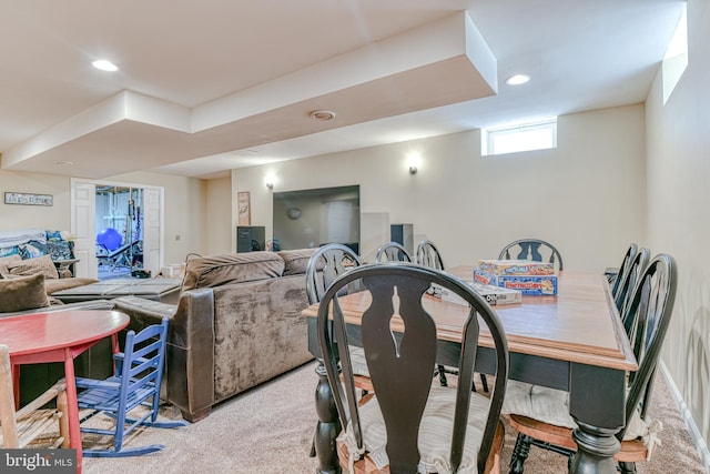 dining space featuring carpet flooring and recessed lighting