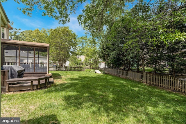view of yard with a sunroom and a fenced backyard