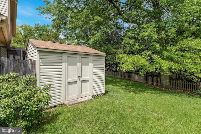 view of shed featuring a fenced backyard