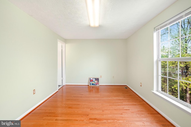 spare room with baseboards, a textured ceiling, light wood finished floors, and a healthy amount of sunlight