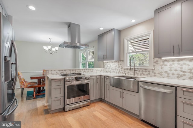 kitchen with gray cabinetry, ventilation hood, stainless steel appliances, and a sink