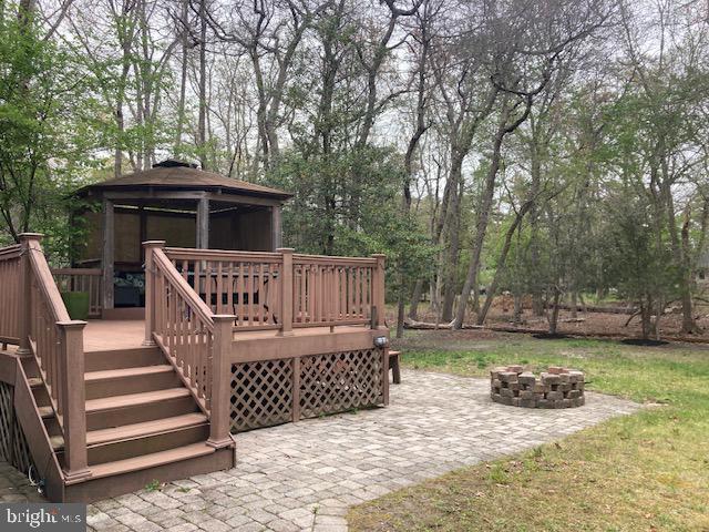 5 Big Look Trl, Medford, NJ 08055 - wooden deck featuring a gazebo, an outdoor fire pit, stairway, and a patio area